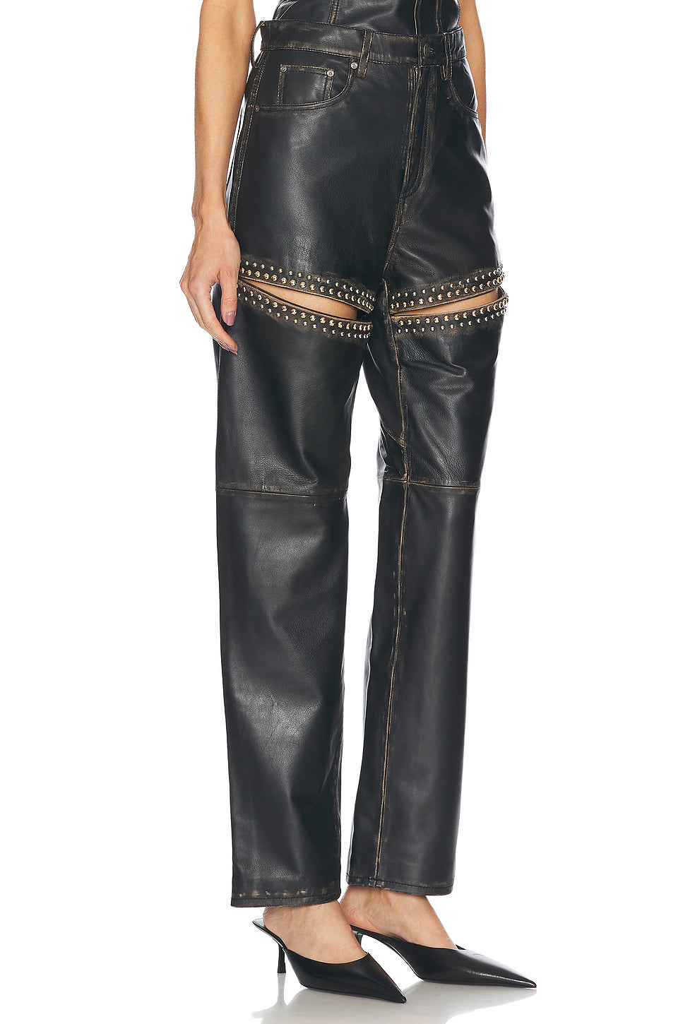 Studded Leather Slit Leg Pant