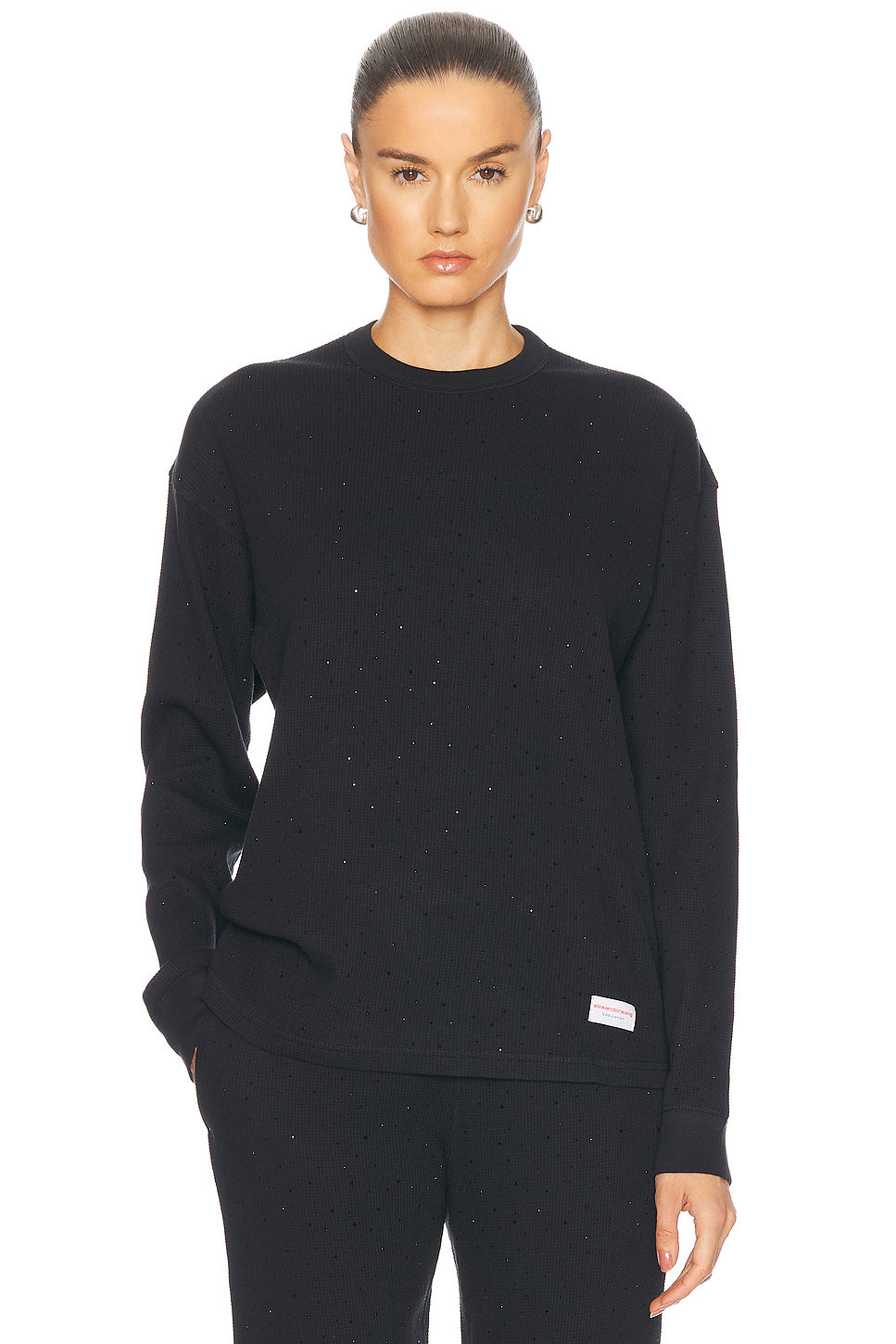 Crystal Hotfix Waffle Crew Neck Long Sleeve Top