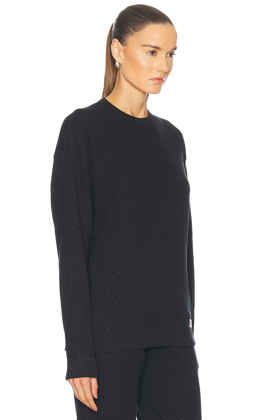 Crystal Hotfix Waffle Crew Neck Long Sleeve Top