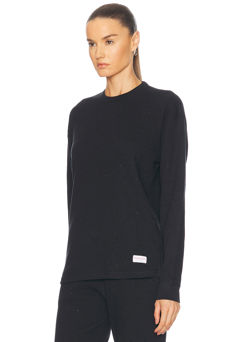 Crystal Hotfix Waffle Crew Neck Long Sleeve Top