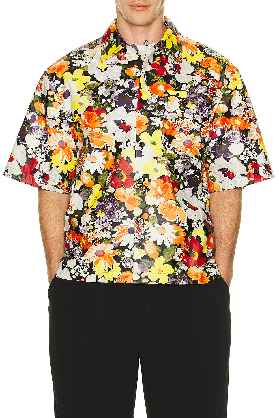 Floral Printed Leather Short Sleeve Shirt