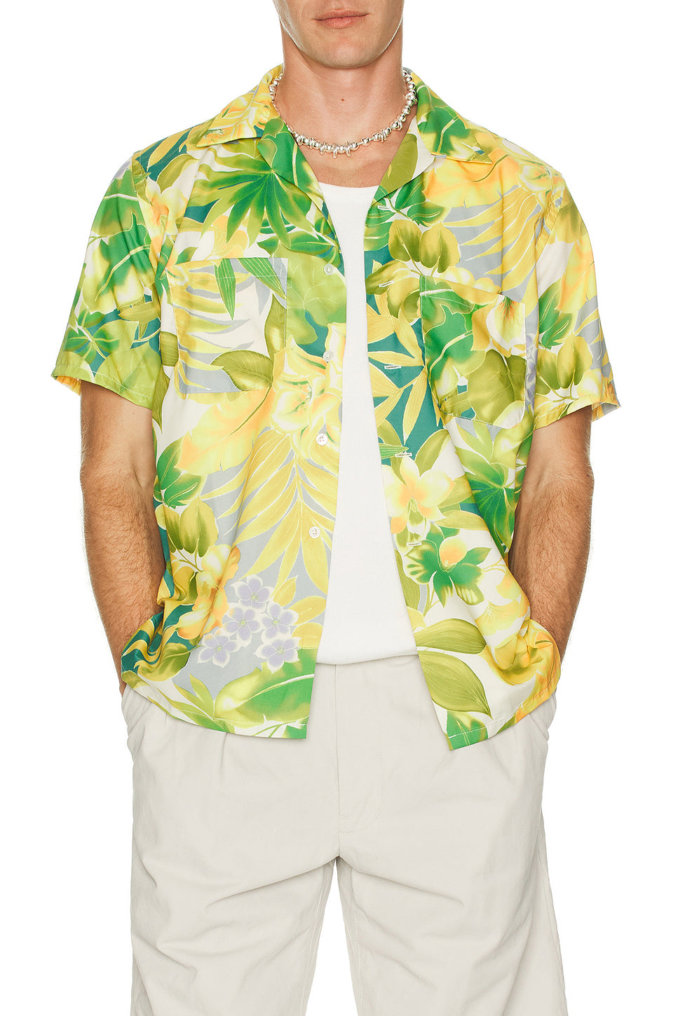 Open Collar Tropical Pattern Print