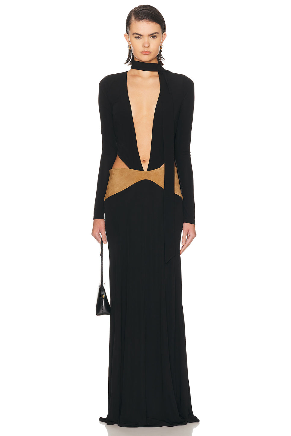 Contour Suede Belted Long Sleeve Gown