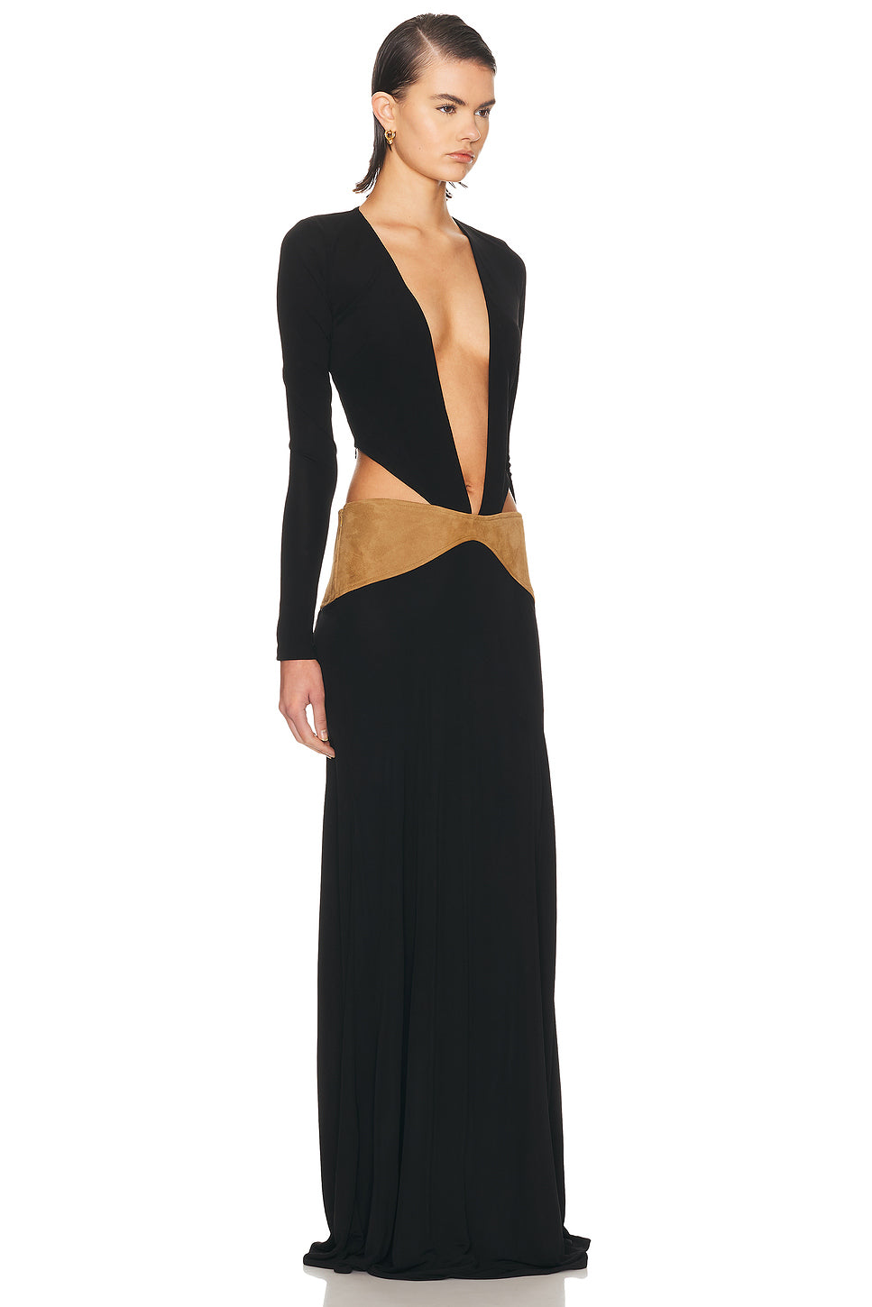 Contour Suede Belted Long Sleeve Gown