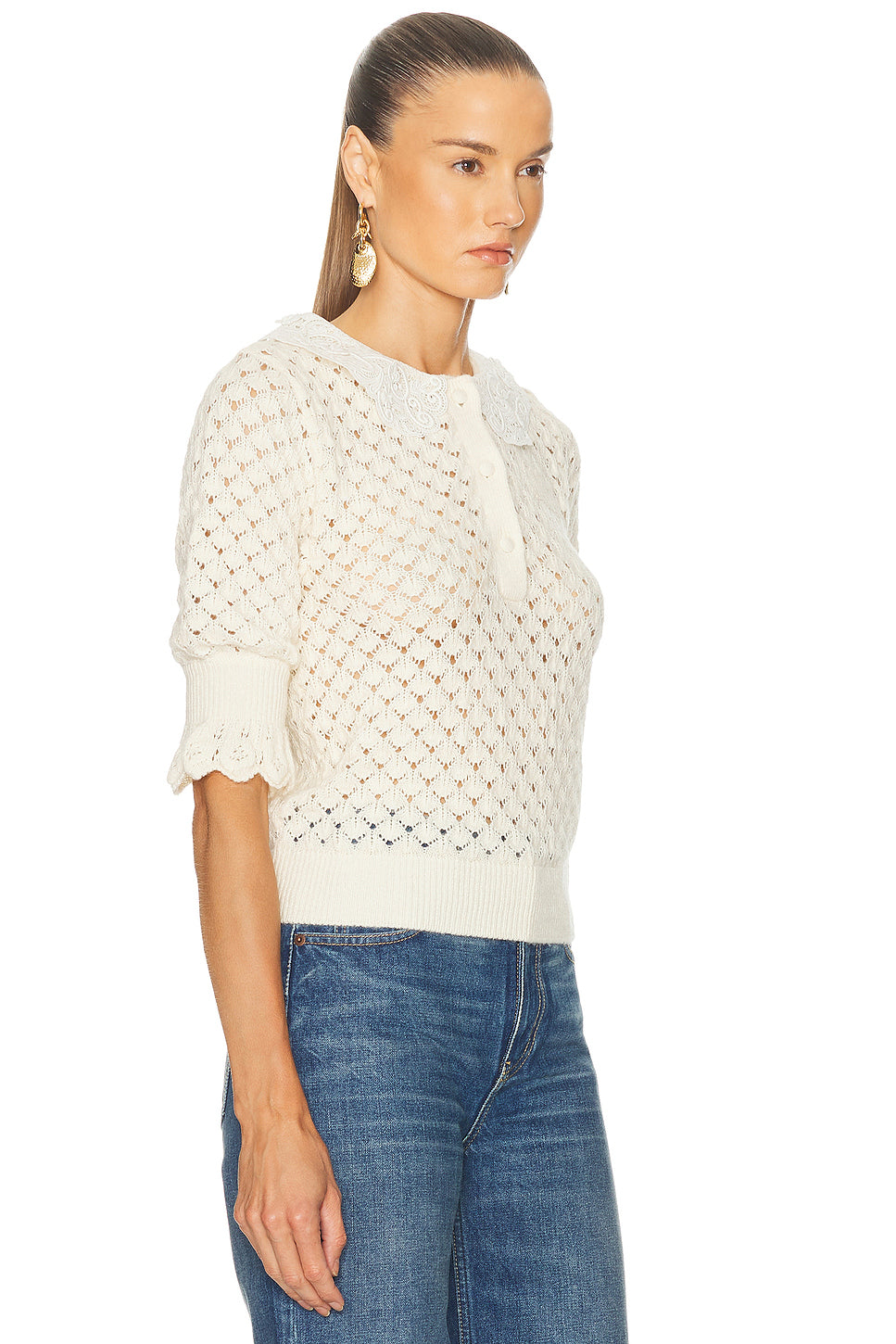 Silk Cotton Pointelle Short Sleeve Sweater