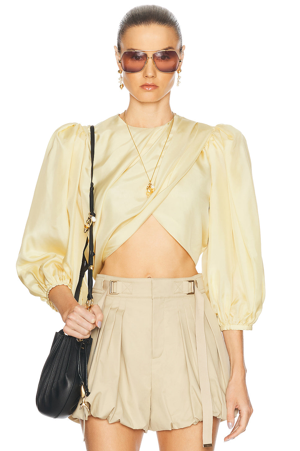Cropped Puff Sleeves Draped Top