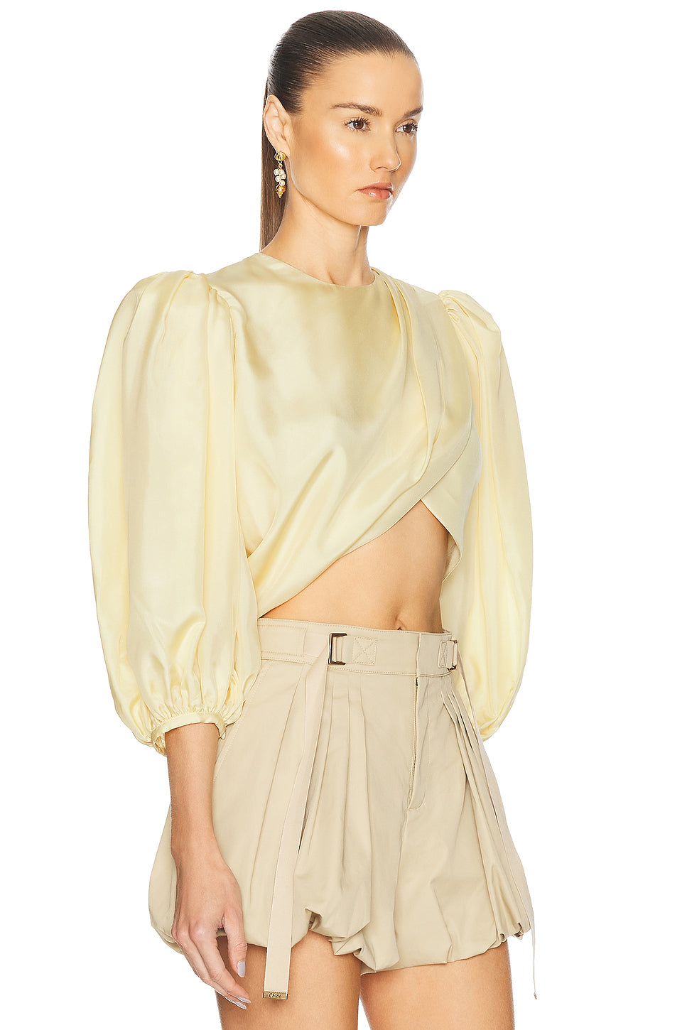 Cropped Puff Sleeves Draped Top