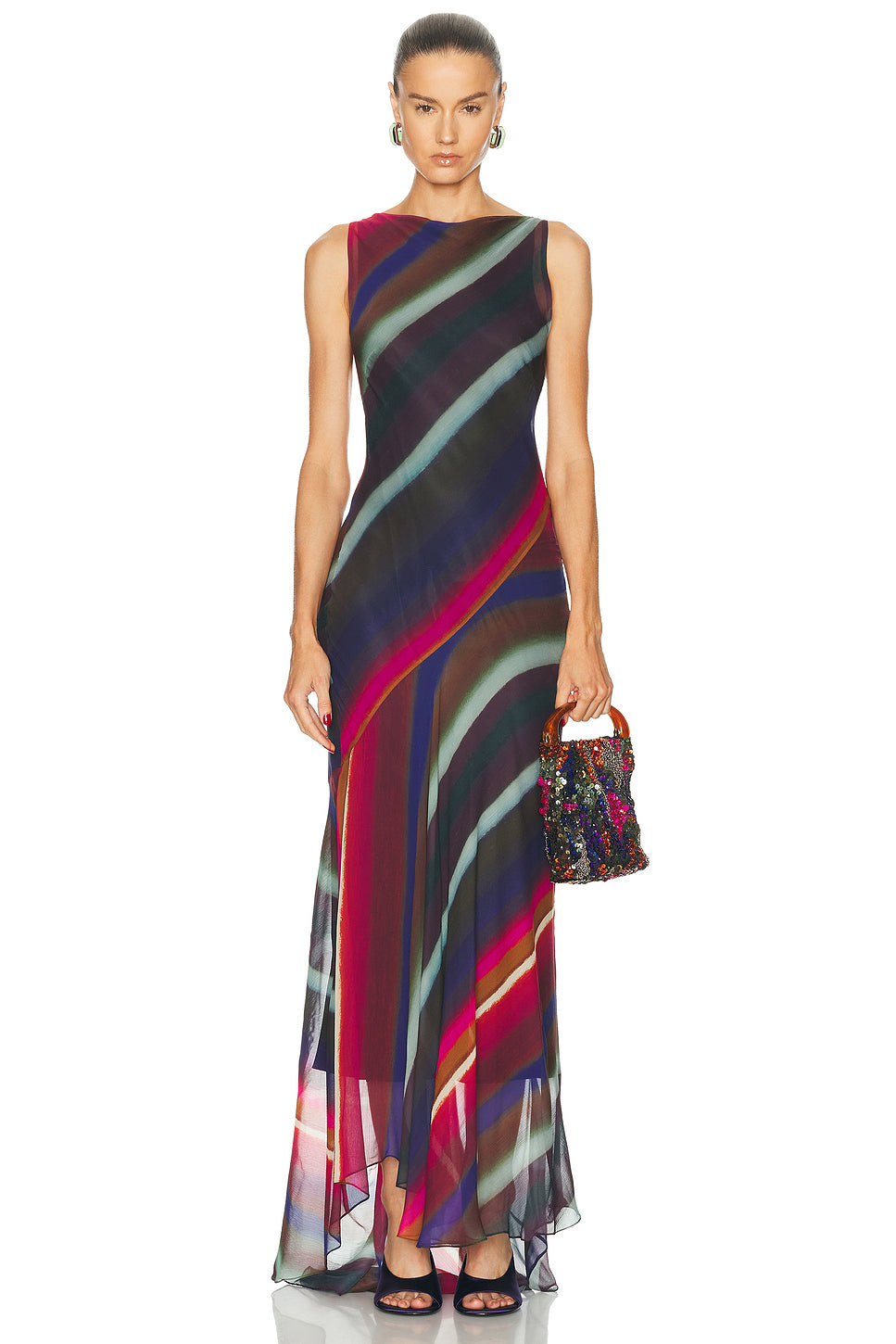 Louie Stripe Cowl Back Bias Maxi Dress
