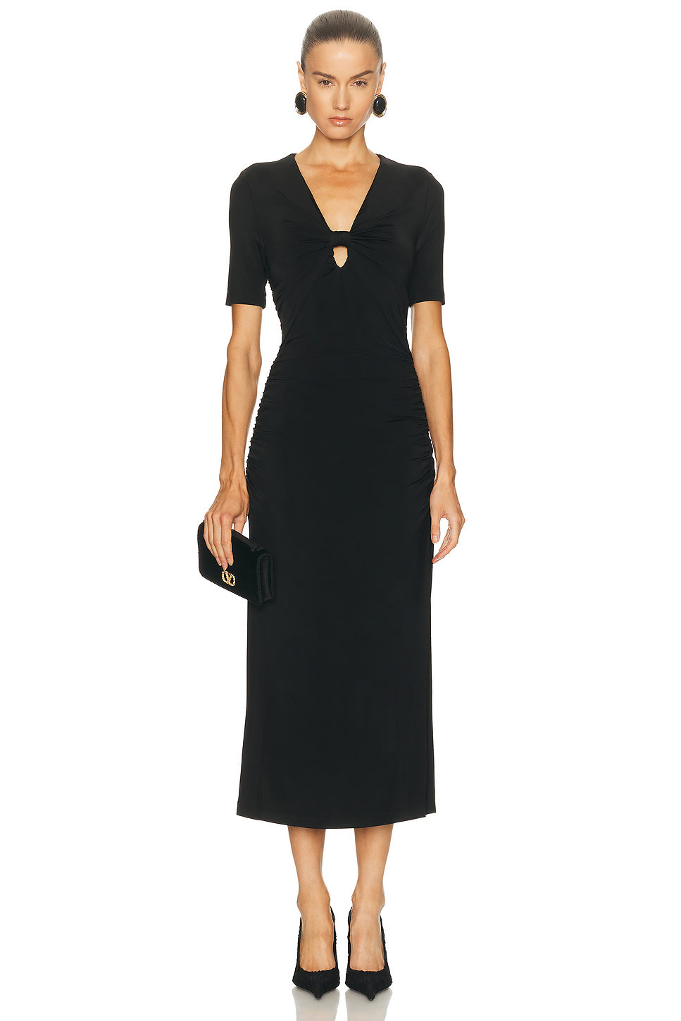 Ruched V-Neck Midi Dress