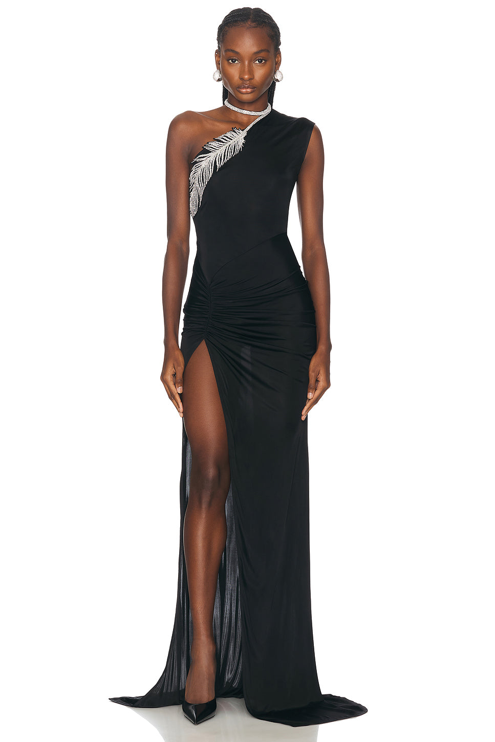 Crystal Feather One Shoulder Gown