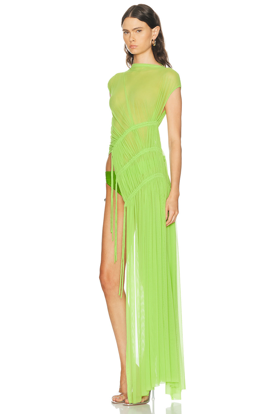 Asymmetric Cut Ruched Mesh Top