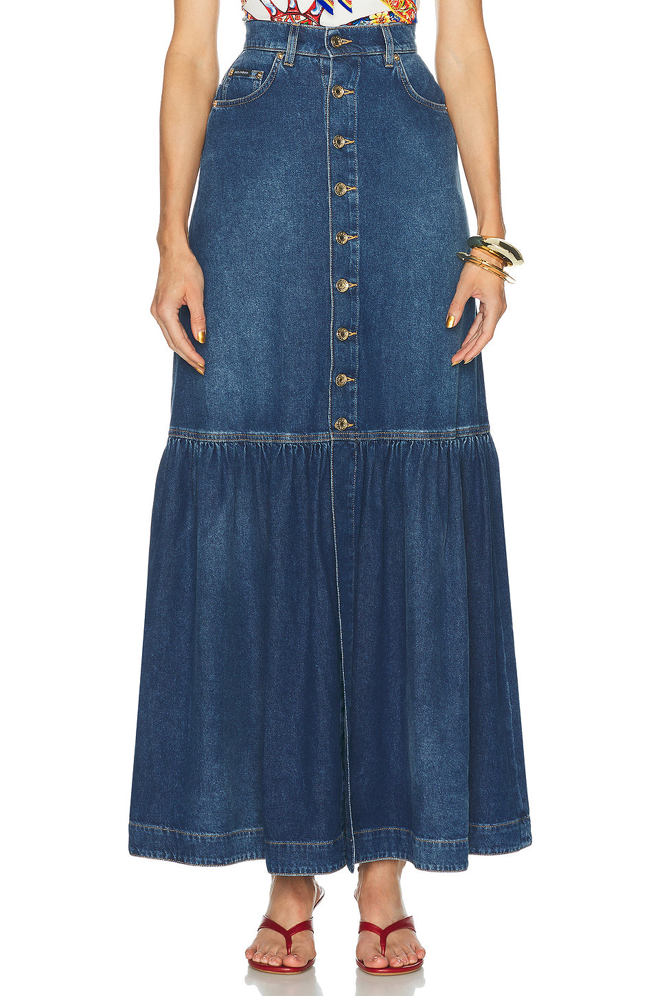 Button Front Denim Maxi Skirt