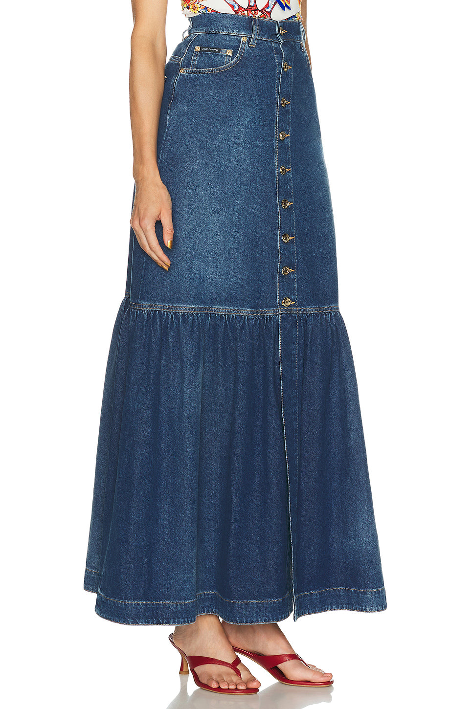 Button Front Denim Maxi Skirt