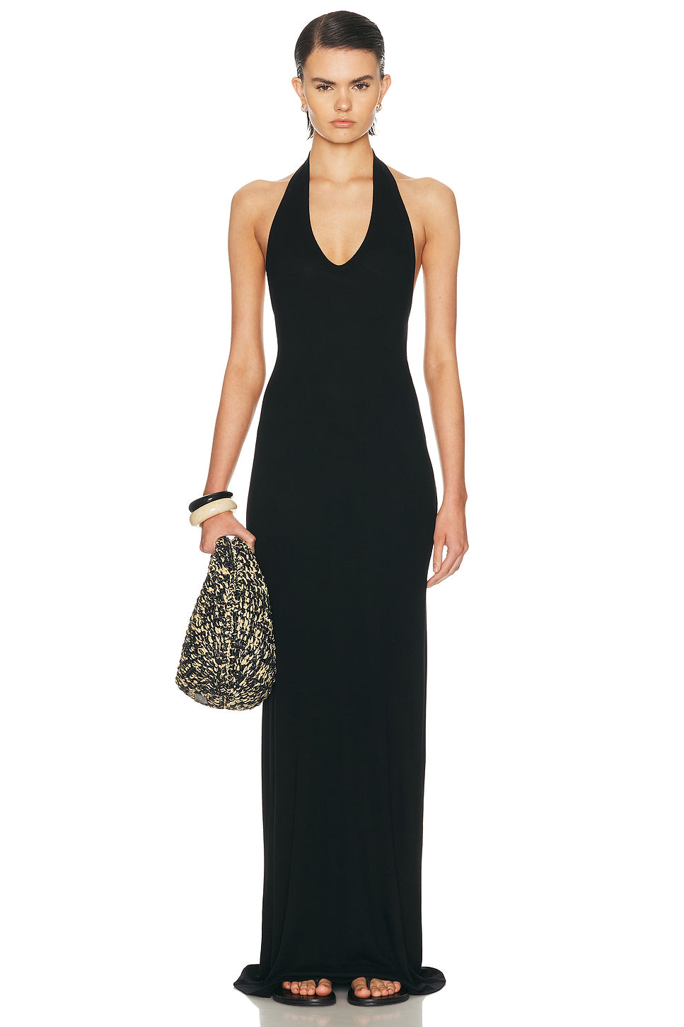 Silk Rib U Neck Halter Fluid Maxi Dress