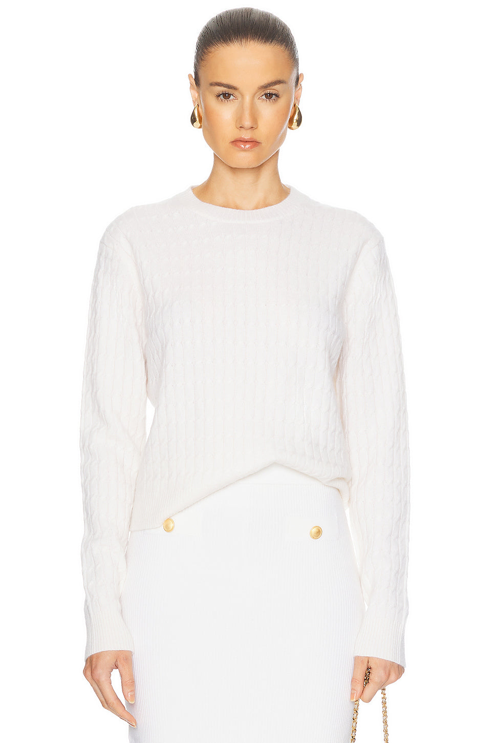 Powder Cashmere Cable Knit Crewneck Sweater