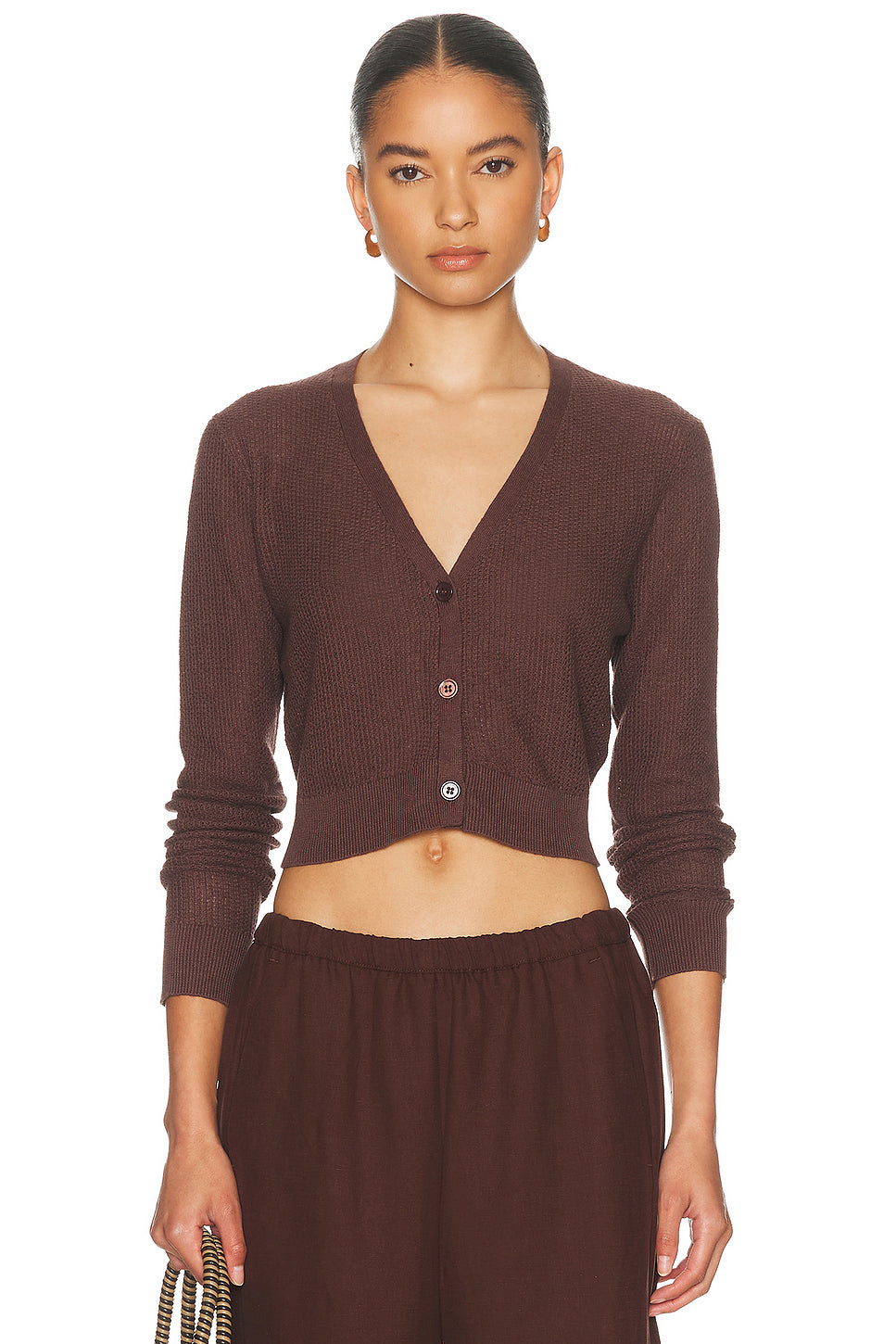 Linen Open Knit Cropped V Neck Cardigan