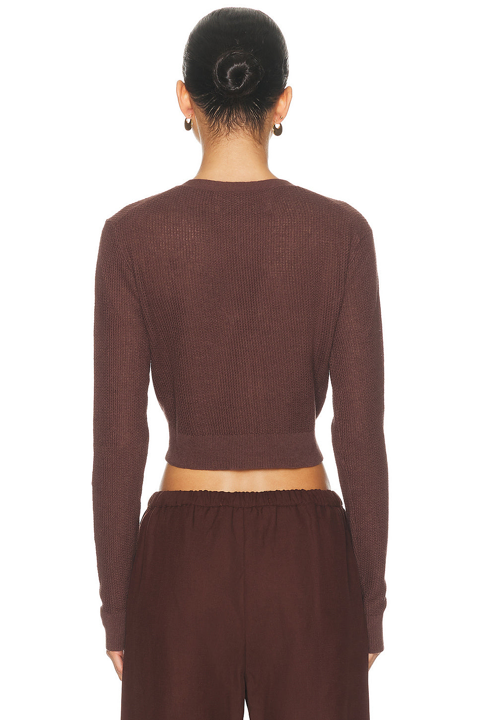 Linen Open Knit Cropped V Neck Cardigan