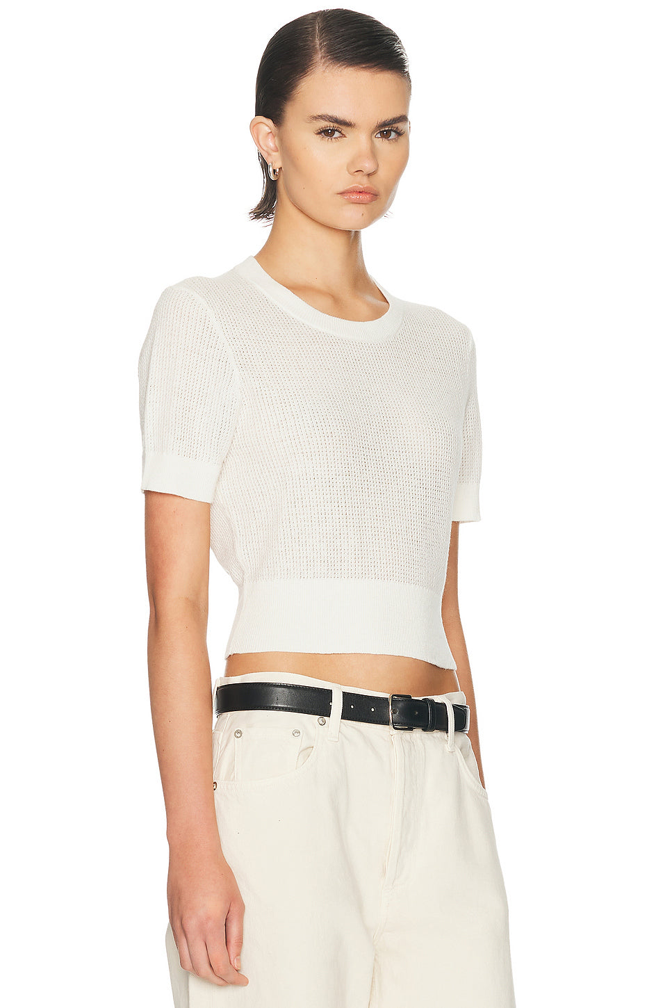 Linen Open Knit Cropped Short Sleeve Top