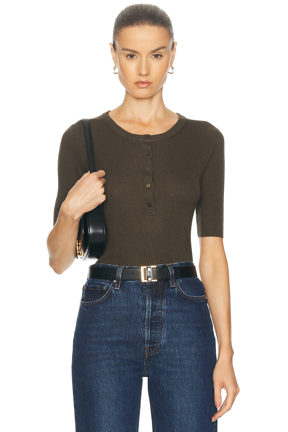 Silk Sweater Rib Half Sleeve Henley Top