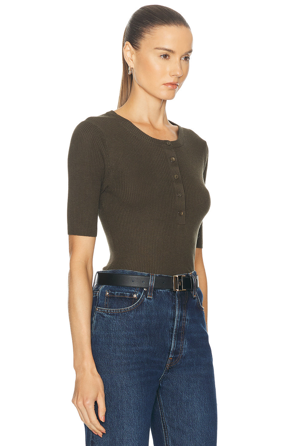 Silk Sweater Rib Half Sleeve Henley Top