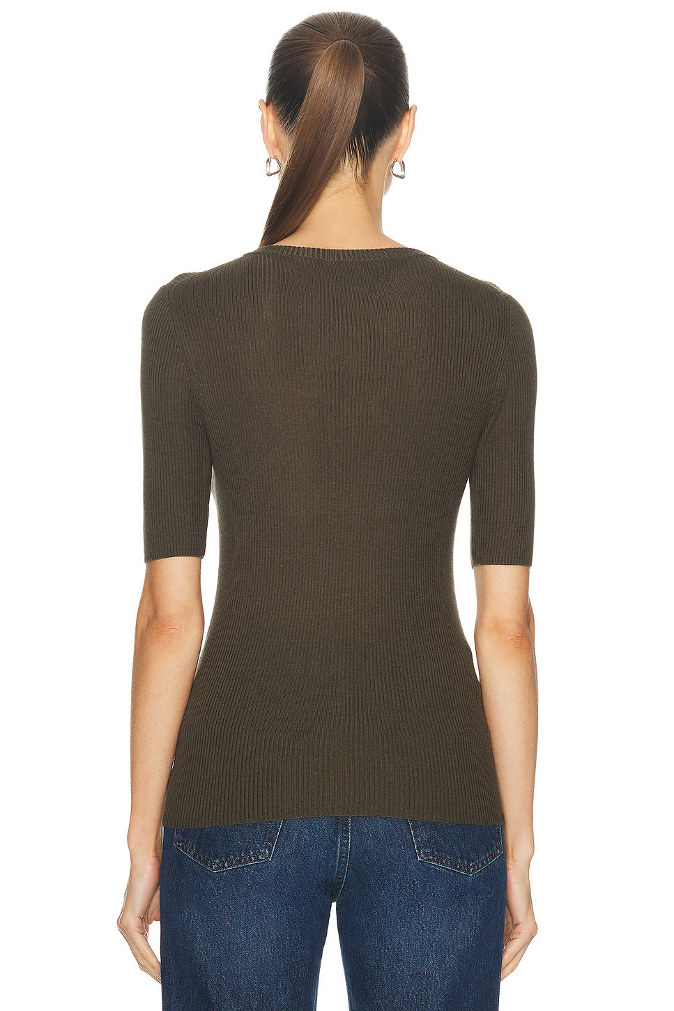 Silk Sweater Rib Half Sleeve Henley Top