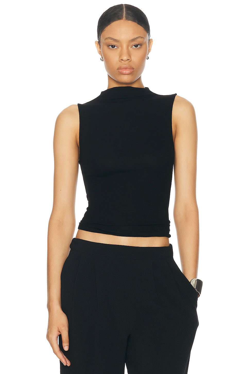 Silk Knit Rib Sleeveless Mockneck Top