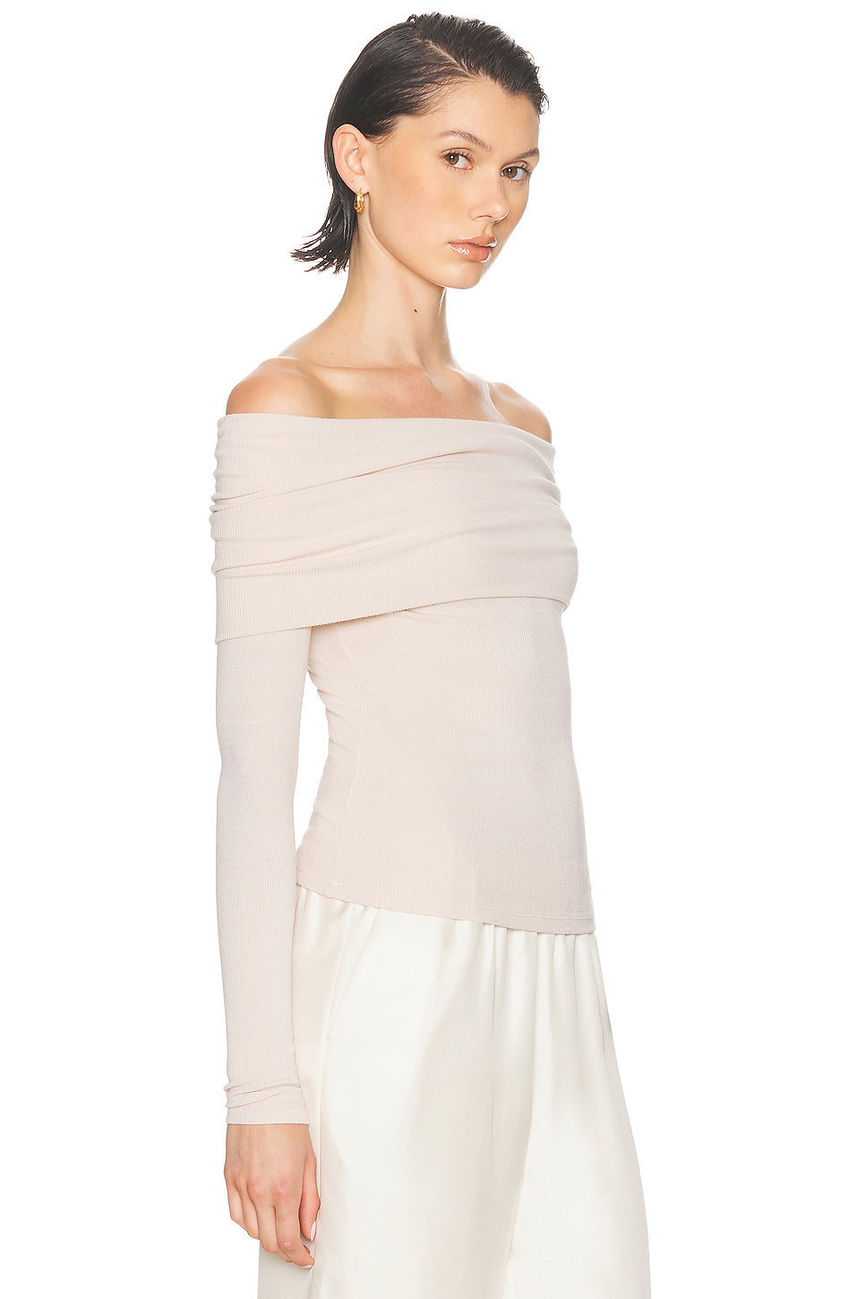Silk Rib Long Sleeve Off Shoulder Top