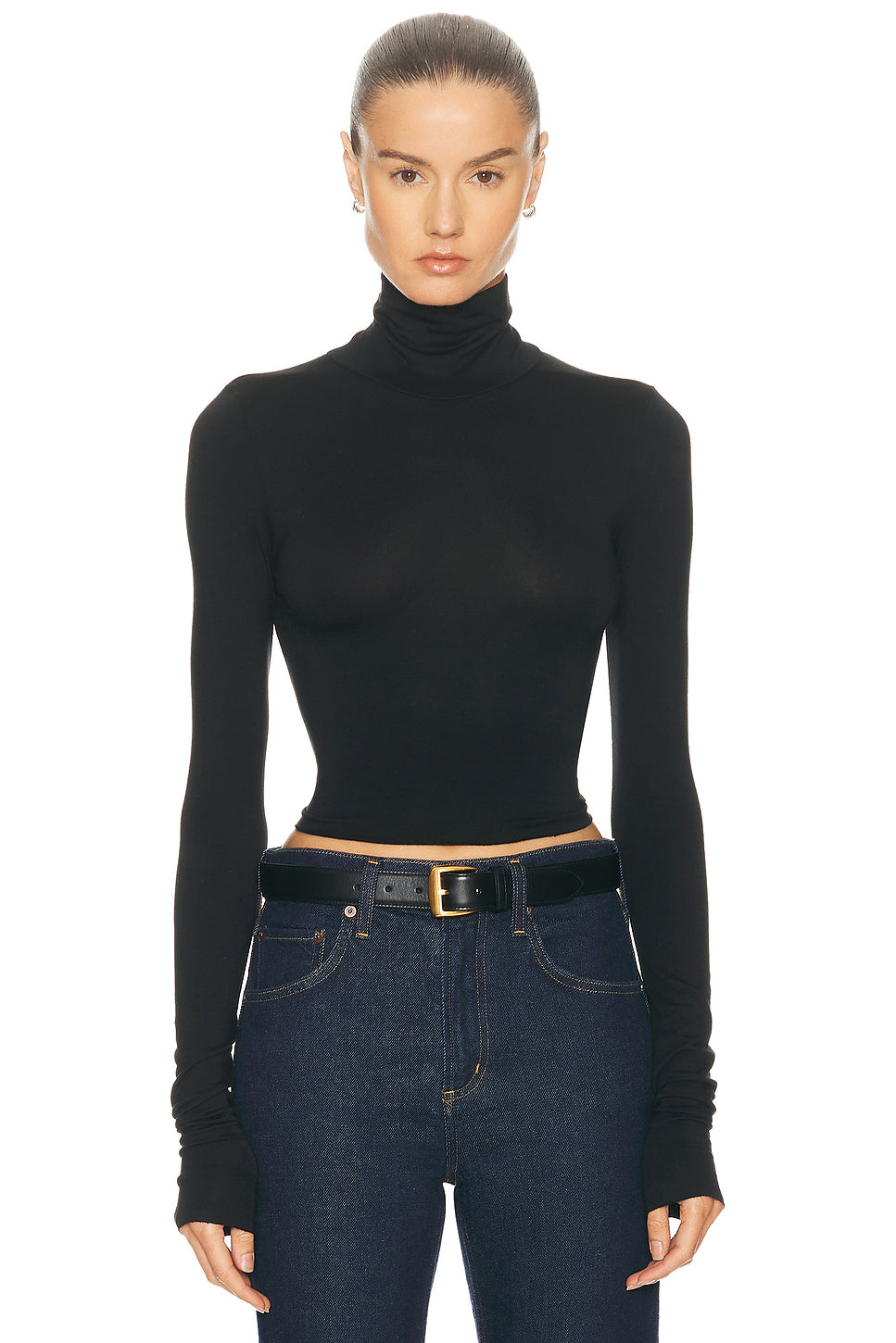 Cropped Fitted Turtleneck Soft Jersey Top