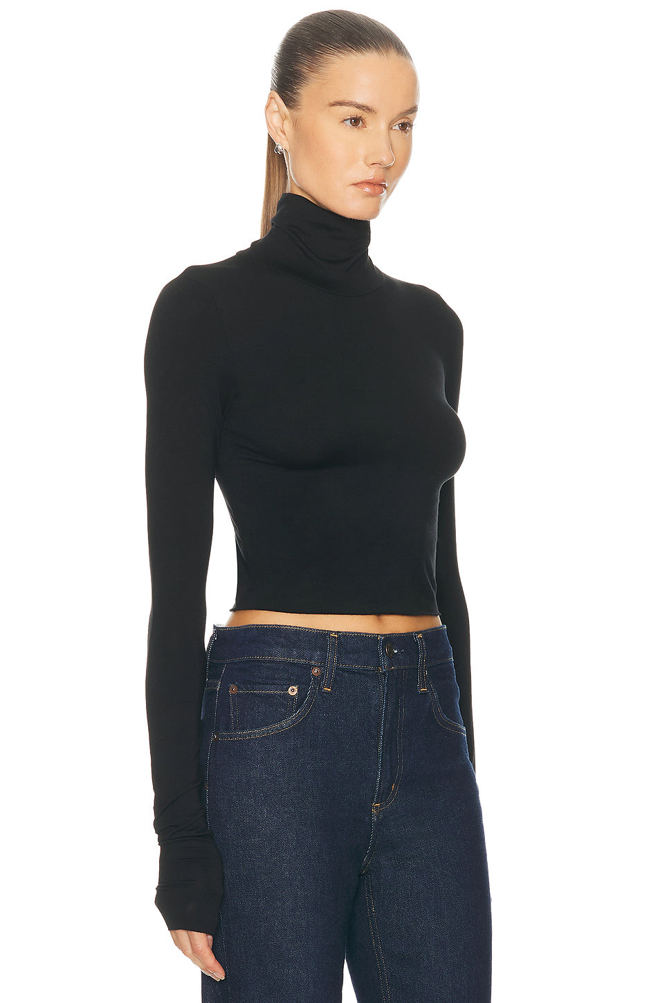 Cropped Fitted Turtleneck Soft Jersey Top