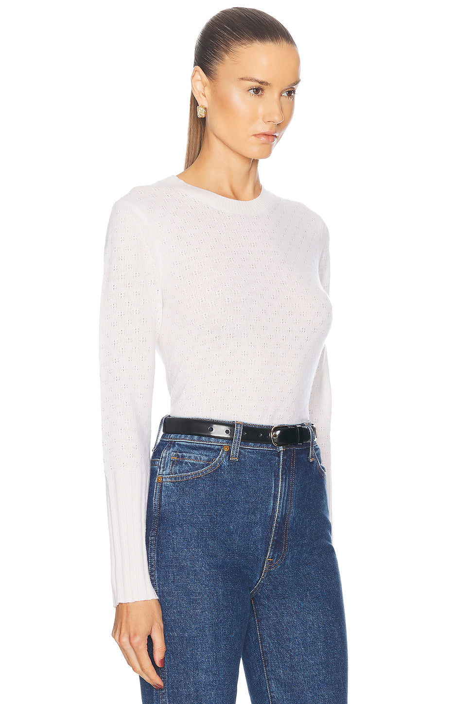 Shrunken Pointelle Crew Cashmere Sweater