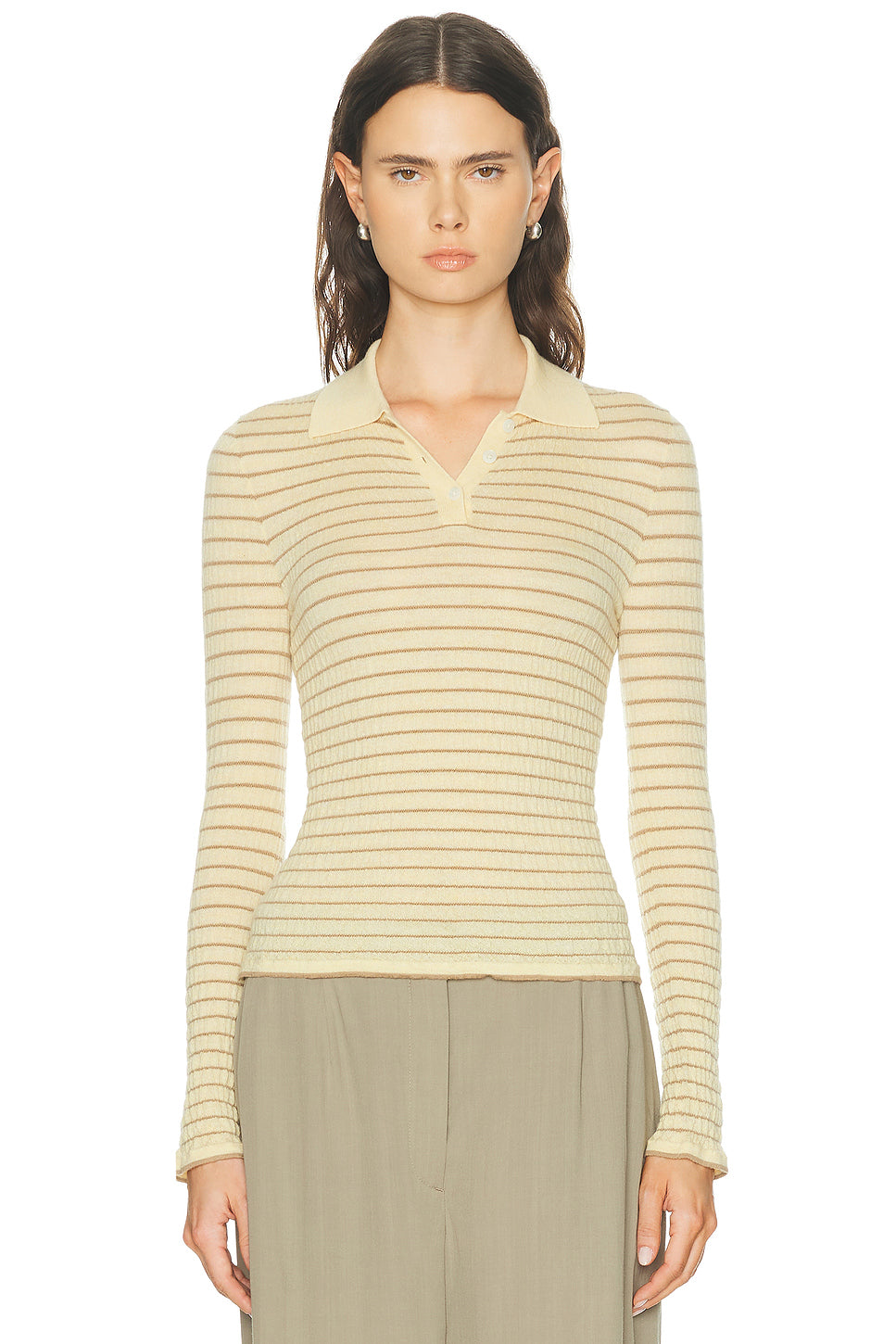 Smocked Long Sleeve Shrunken Polo Top