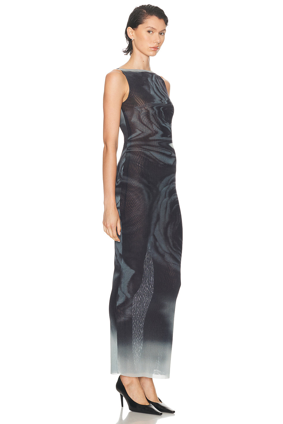 Boat Neck Blurry Roses Printed Sleeveless Dress