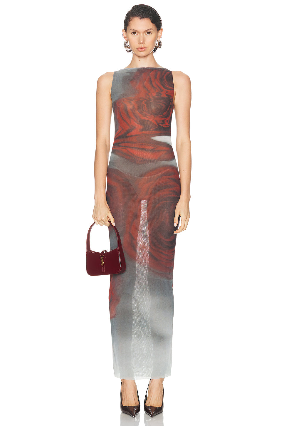 Boat Neck Blurry Roses Printed Sleeveless Dress