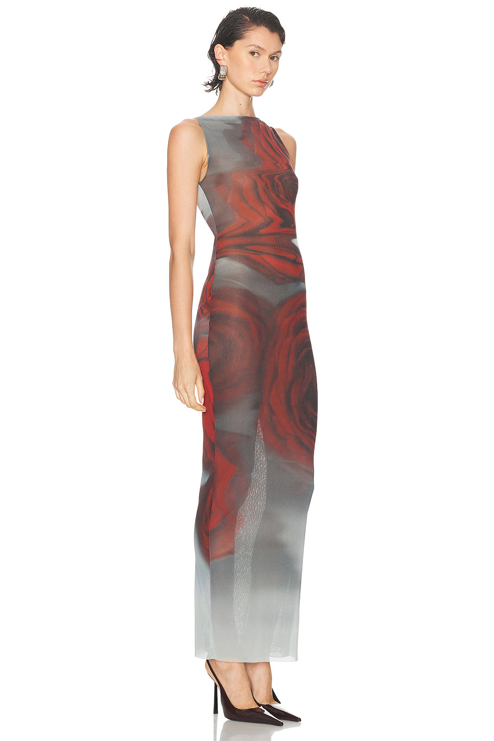 Boat Neck Blurry Roses Printed Sleeveless Dress