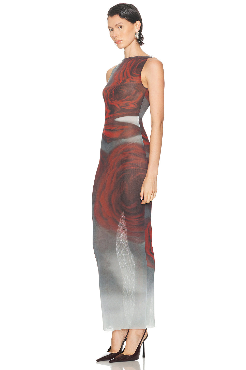 Boat Neck Blurry Roses Printed Sleeveless Dress
