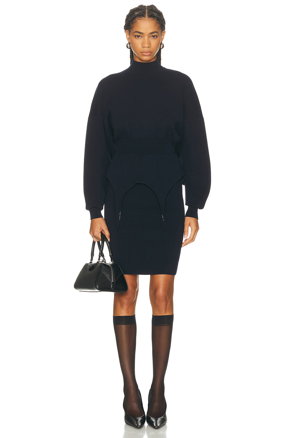 Ribbed High Neck Bat Sleeves Lingerie Garter Short Dress