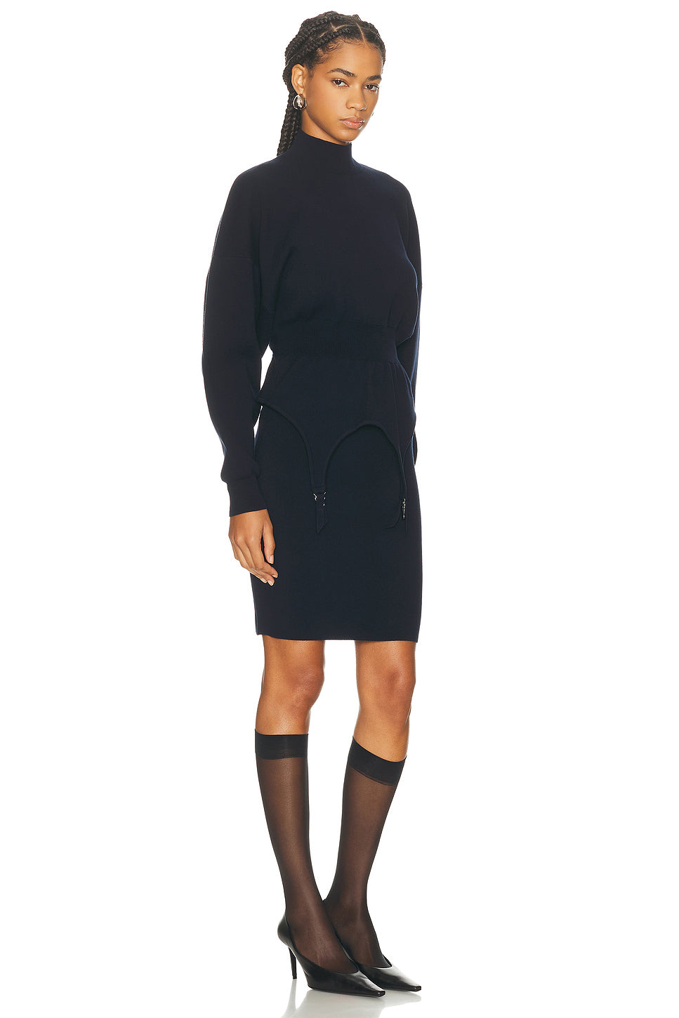 Ribbed High Neck Bat Sleeves Lingerie Garter Short Dress