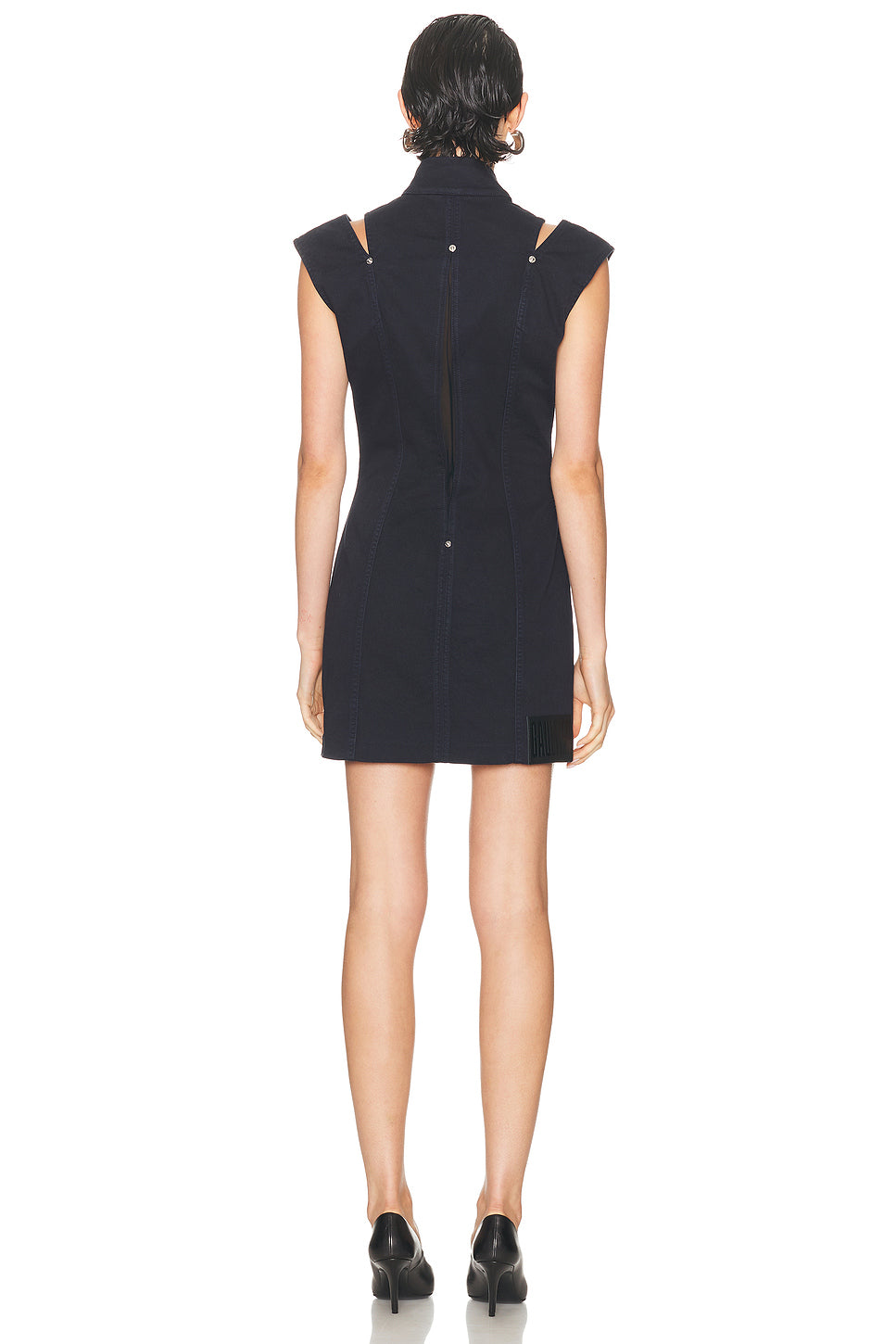 Overdyed Denim Slit And Mesh Short Dress