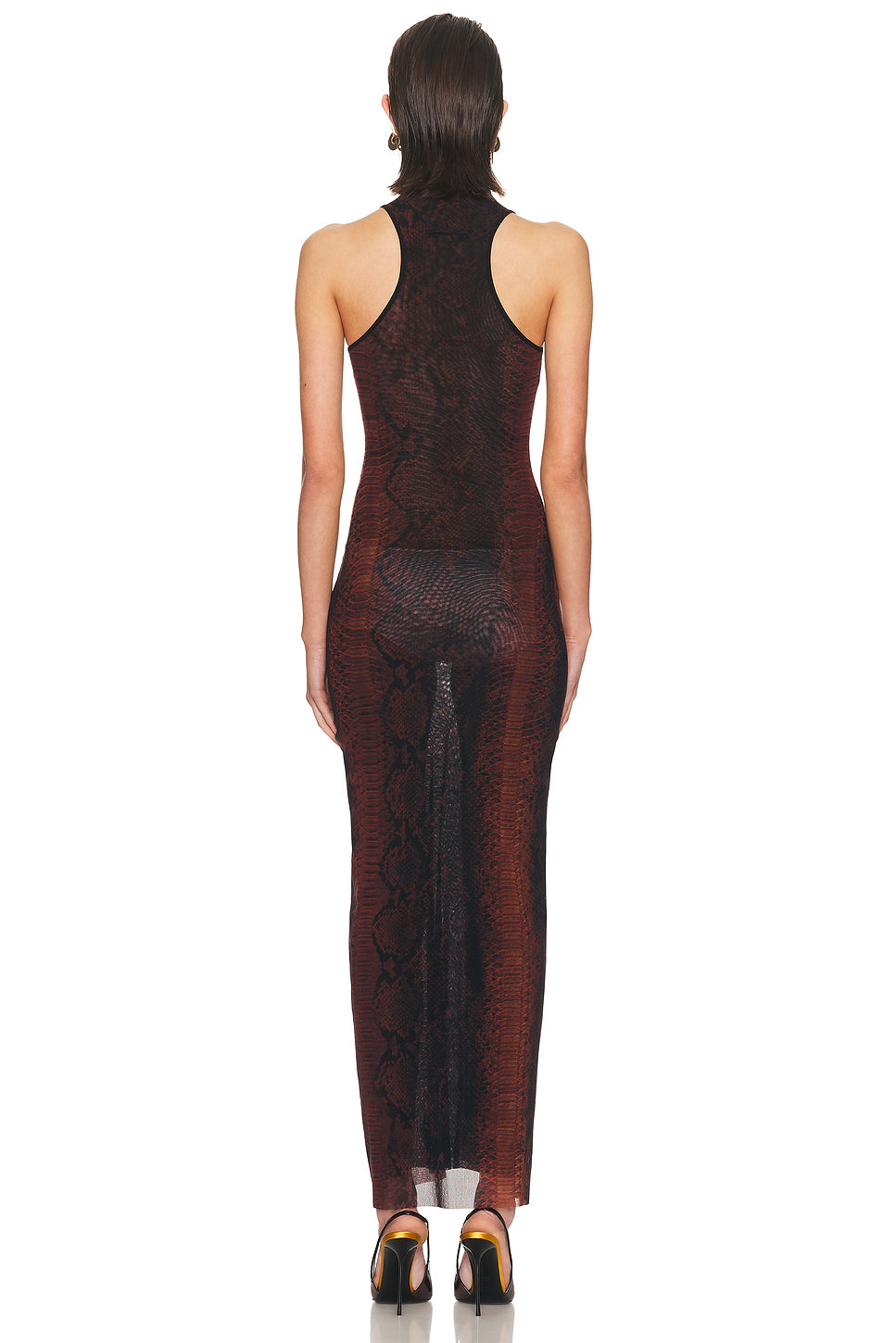Mesh High Neck Printed Python Long Dress