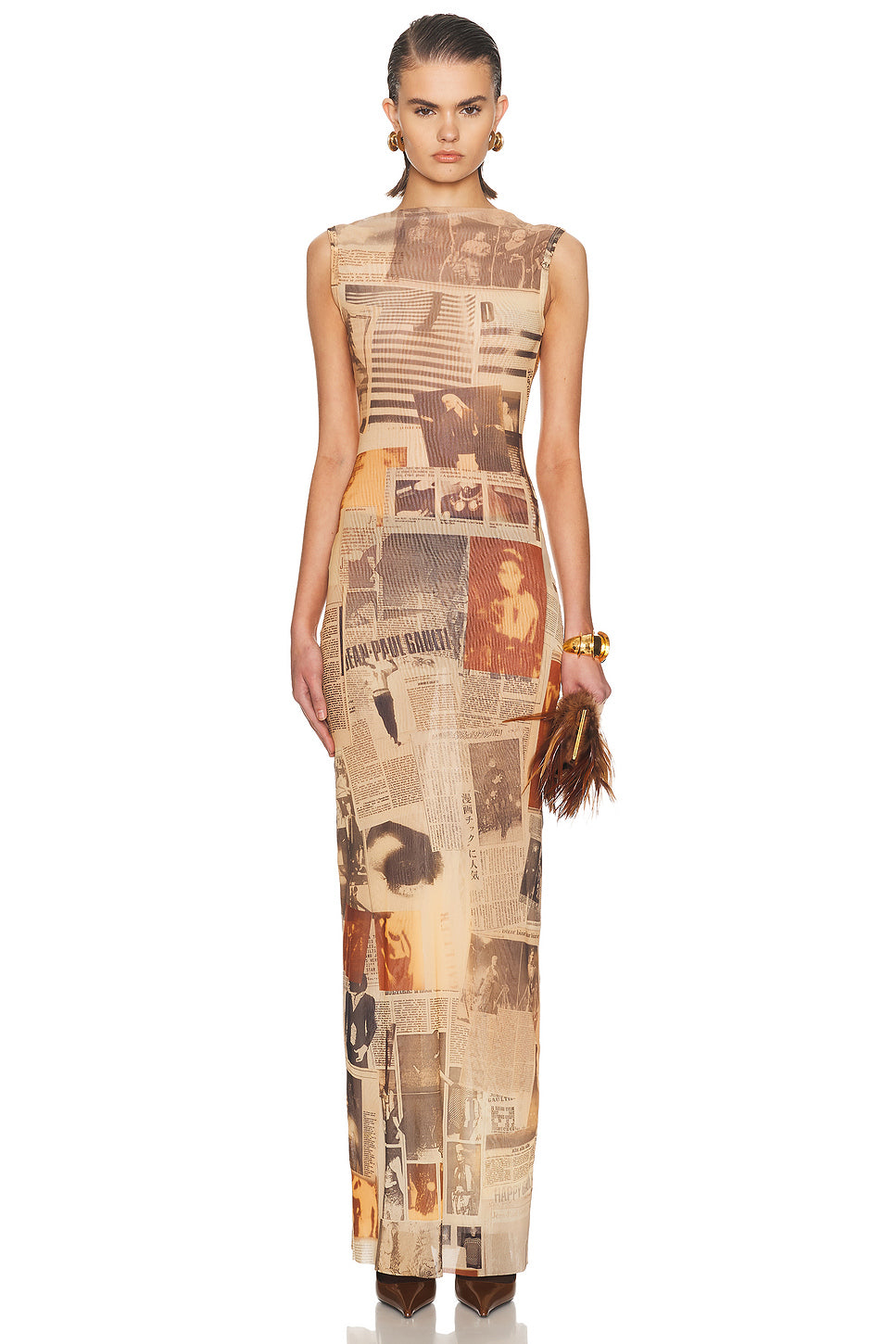 Mesh High Neck Printed Journal Long Dress
