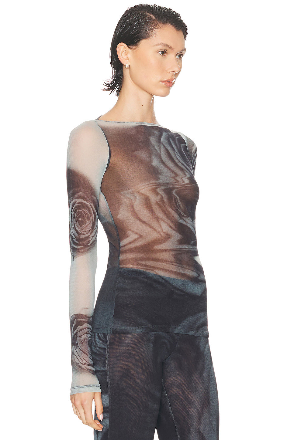 Boat Neck Blurry Roses Printed Long Sleeve Top
