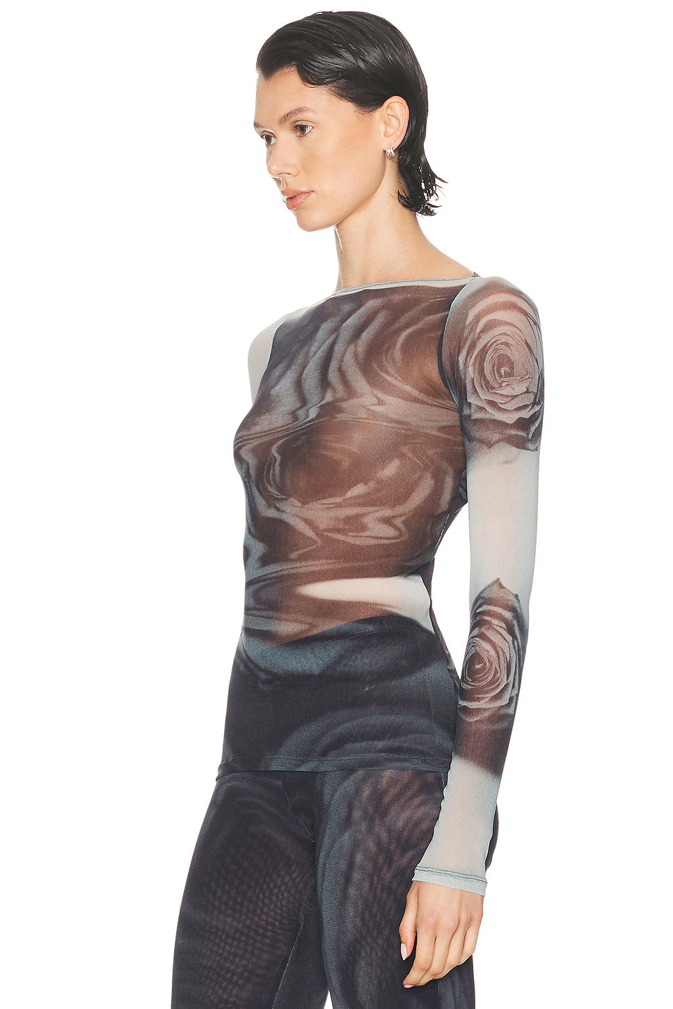 Boat Neck Blurry Roses Printed Long Sleeve Top