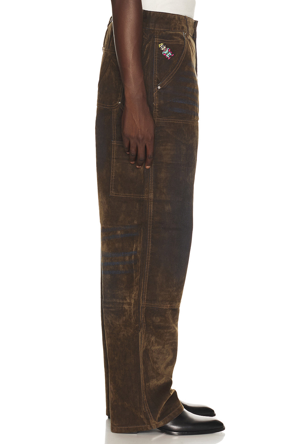 Eye Badge Washed Double Knee Flocked Pant