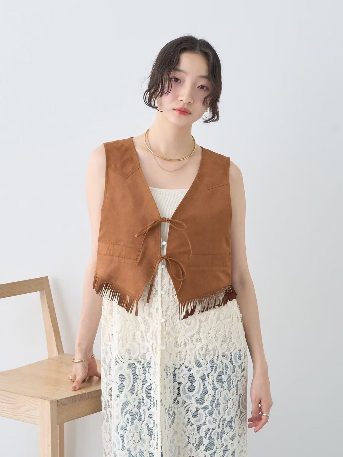 Bobo Tokyo Earth Music & Ecology Kenta Suede Fringe Vest Black Vest Wanita