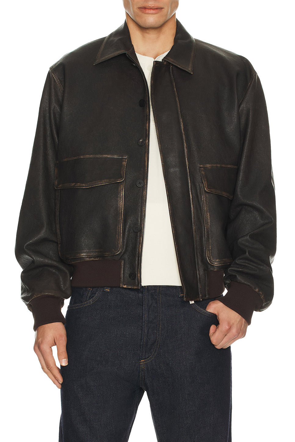Distressed Leather Bomber Jacket