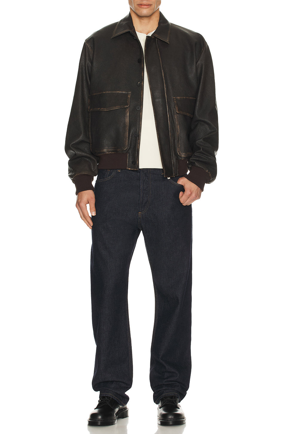 Distressed Leather Bomber Jacket