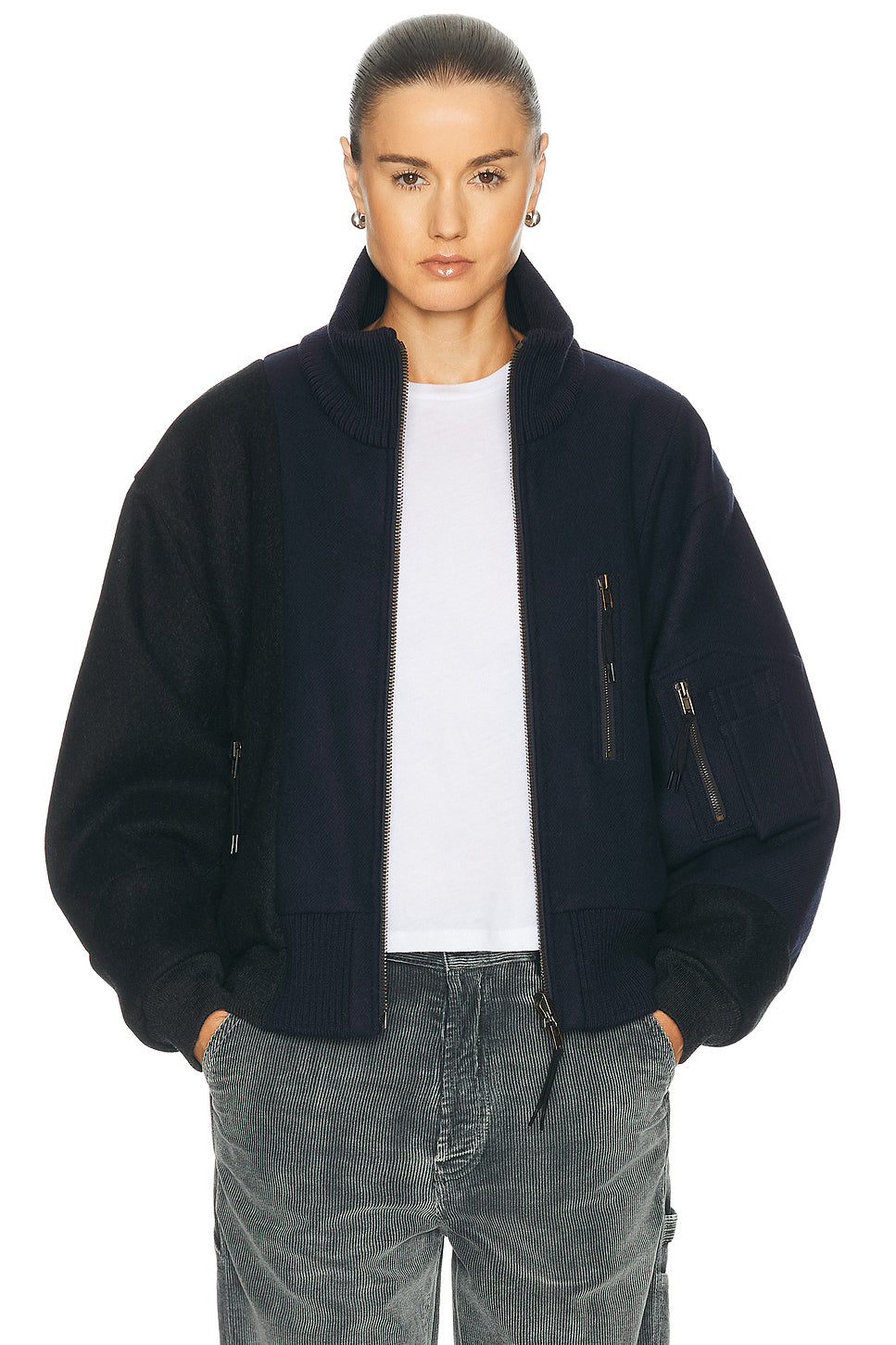 Spliced Bomber Jacket in Dark Blue & Black Melange