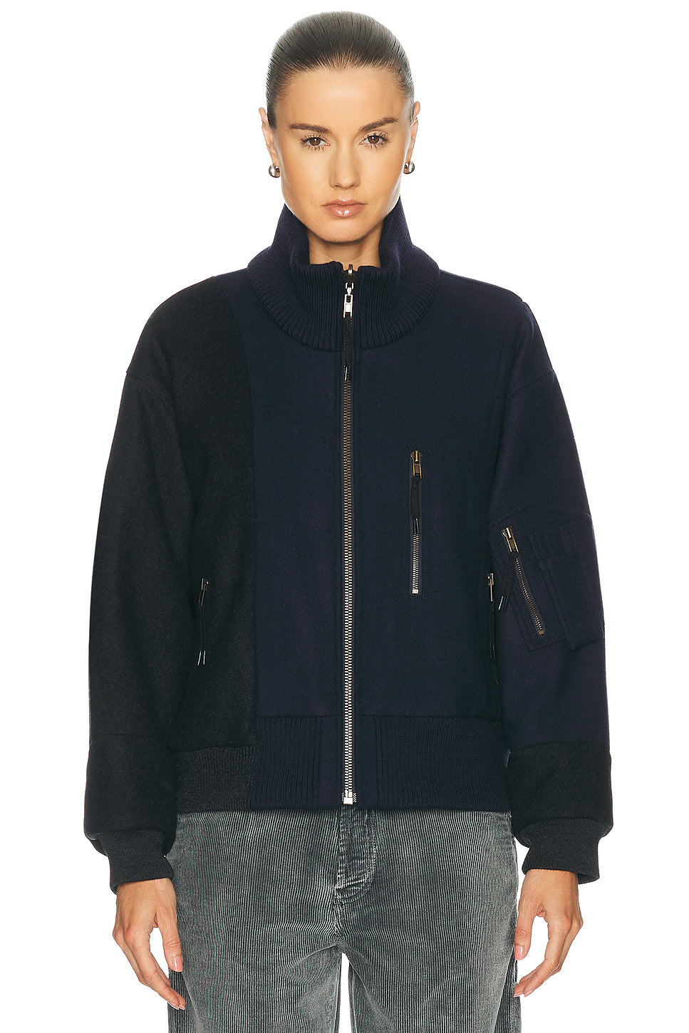 Spliced Bomber Jacket in Dark Blue & Black Melange