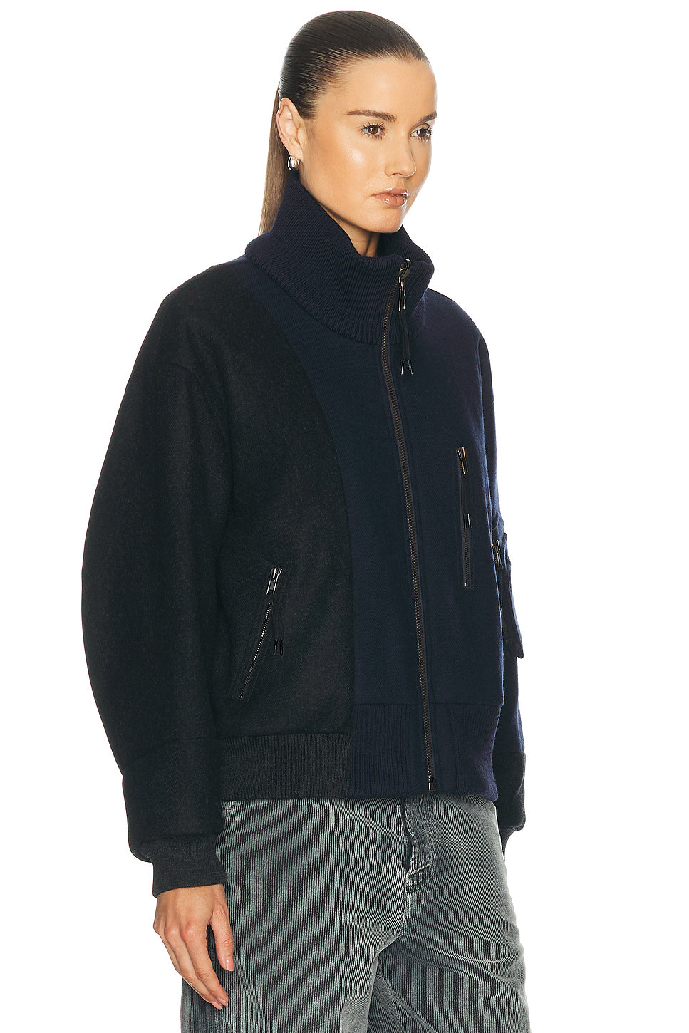 Spliced Bomber Jacket in Dark Blue & Black Melange