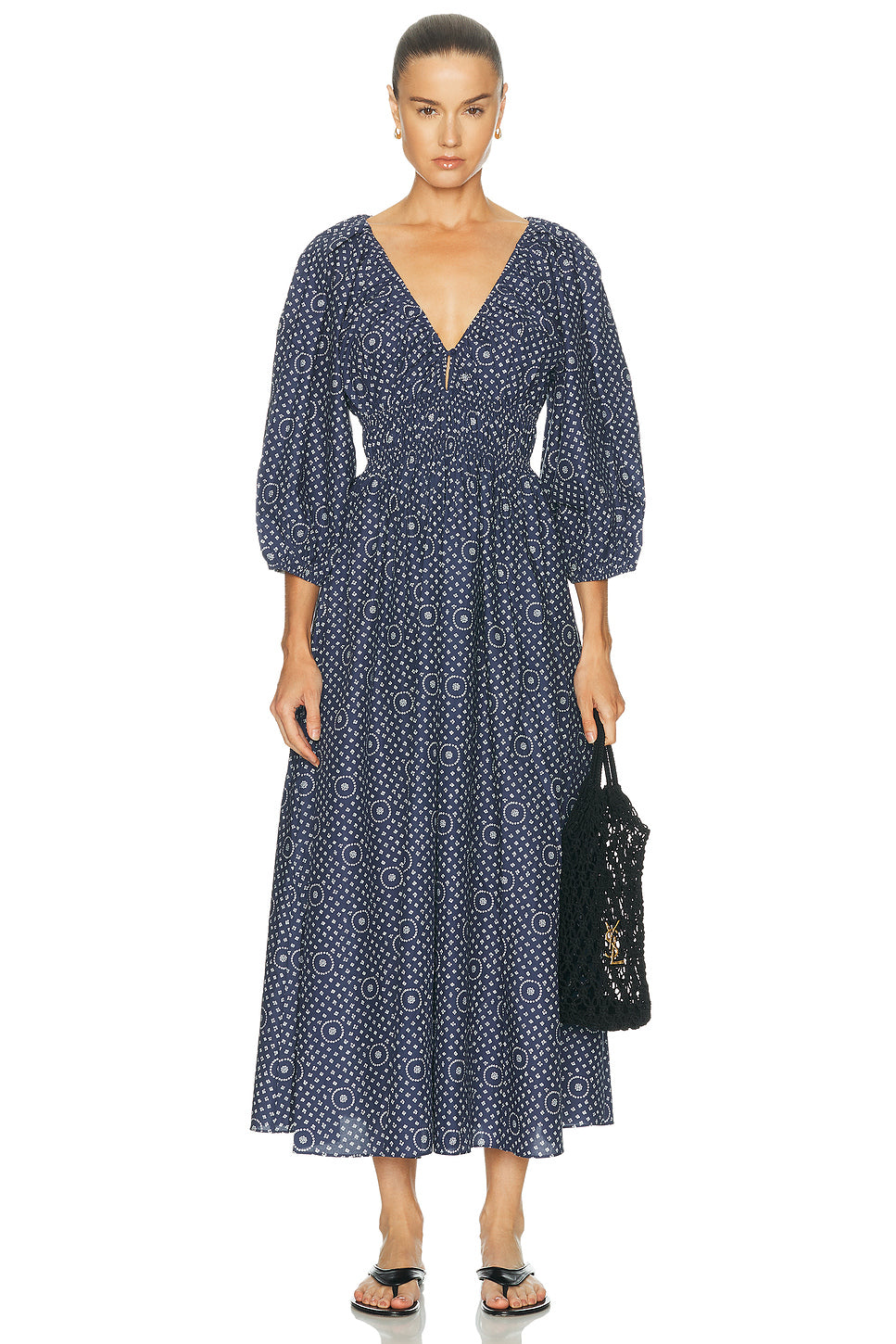 Shirred Plunge Button Dress